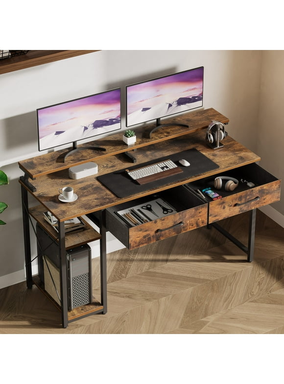 Computer Desk with Drawers and Storage Shelves, 48 inch Home Office Desk with Monitor Stand, Work Study PC Desk for Small Spaces, Rustic Brown