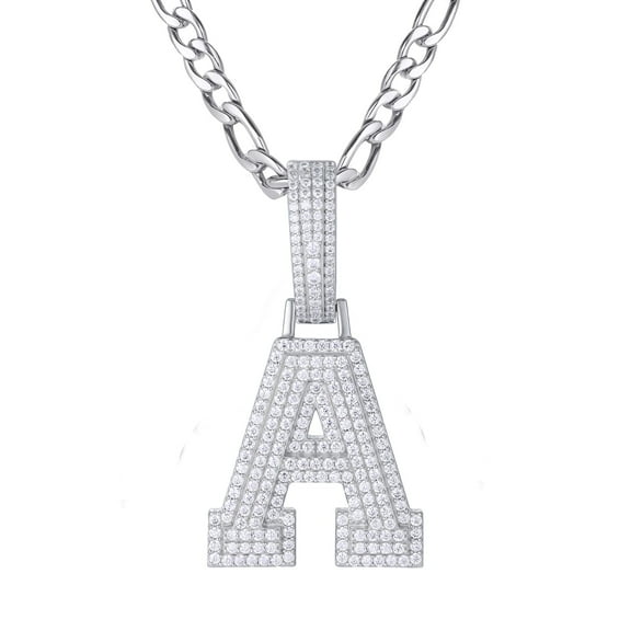 ElegantLetters Sterling Silver Moissanite Alphabet Pendant Necklace for Women, 3D VVS1 Lab-Grown Diamond Alternative, 3mm Franco Chain 24 Inch(Letter A)