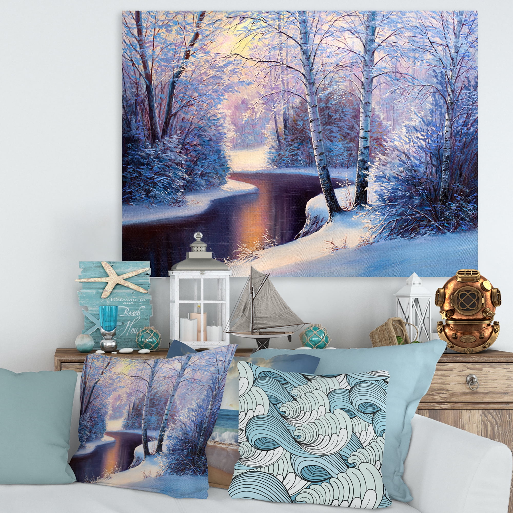 Christmas Forest With Trees and River I 32 in x 24 in Painting Canvas Art Print, by Designart