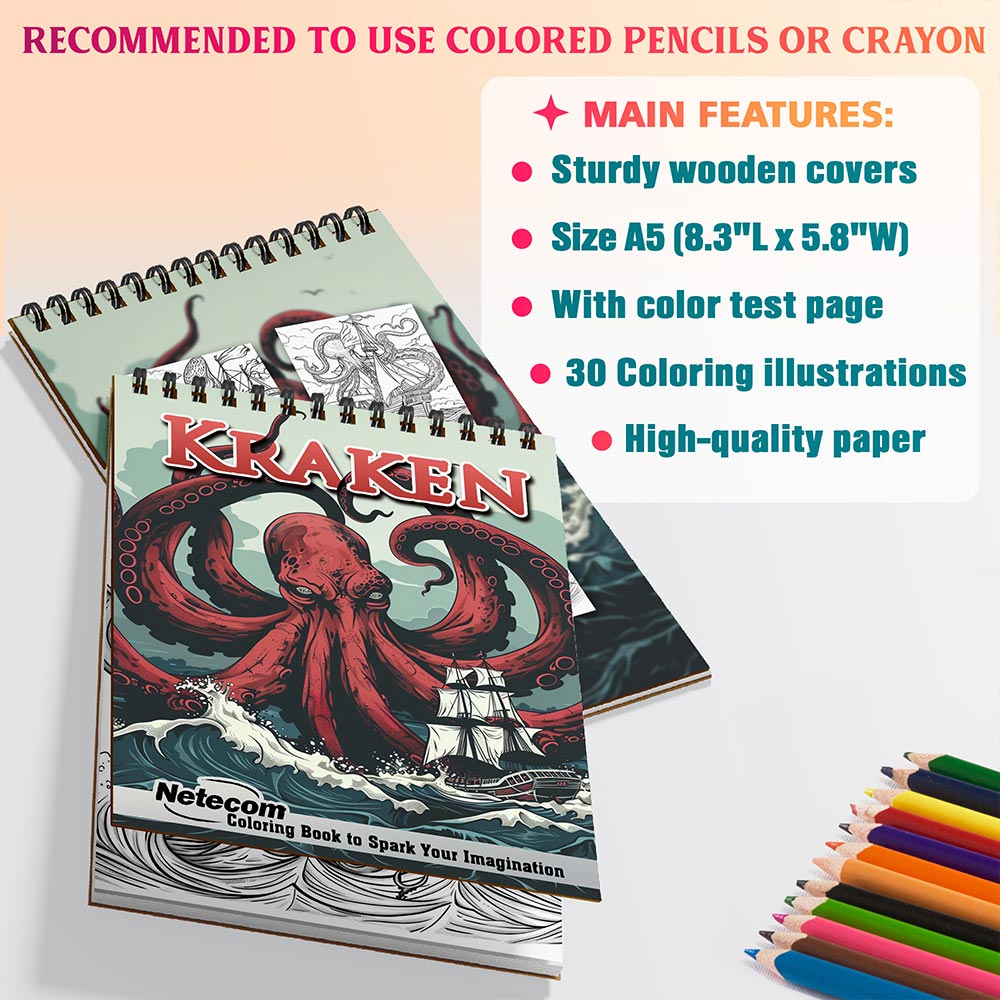 Netecom Kraken Coloring Book for All Ages, A5 Wooden Cover, 30 Awesome Coloring Pages of Mythical Sea Monsters for Stress Relief and Relaxation, Spiral Bound Edition