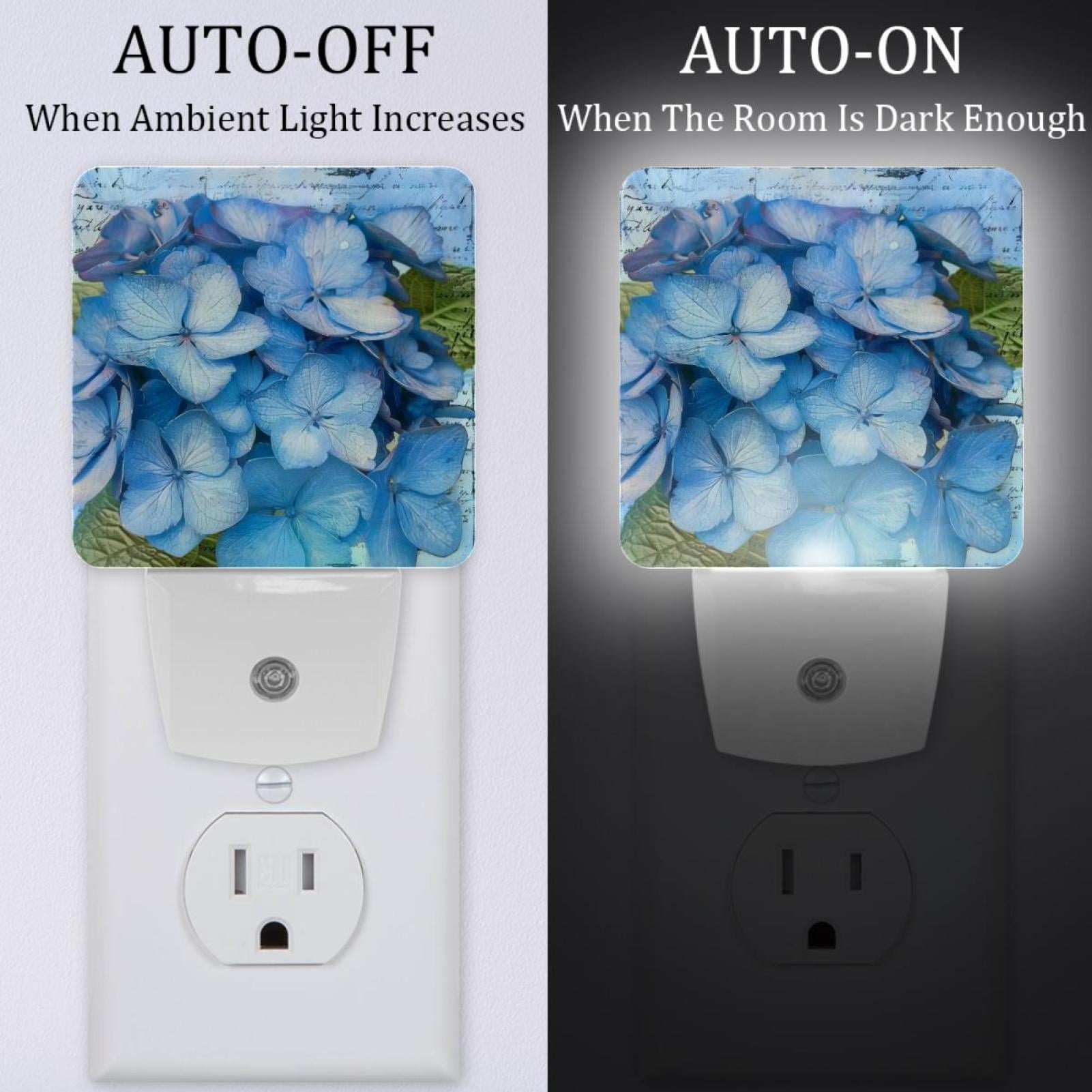 PhooArto Blue Hydrangeas Leaves Plug in LED Night Light Auto Sensor Dusk to Dawn Decorative Night for Bedroom, Bathroom, Kitchen, Hallway, Stairs, Baby's Room, Energy Saving