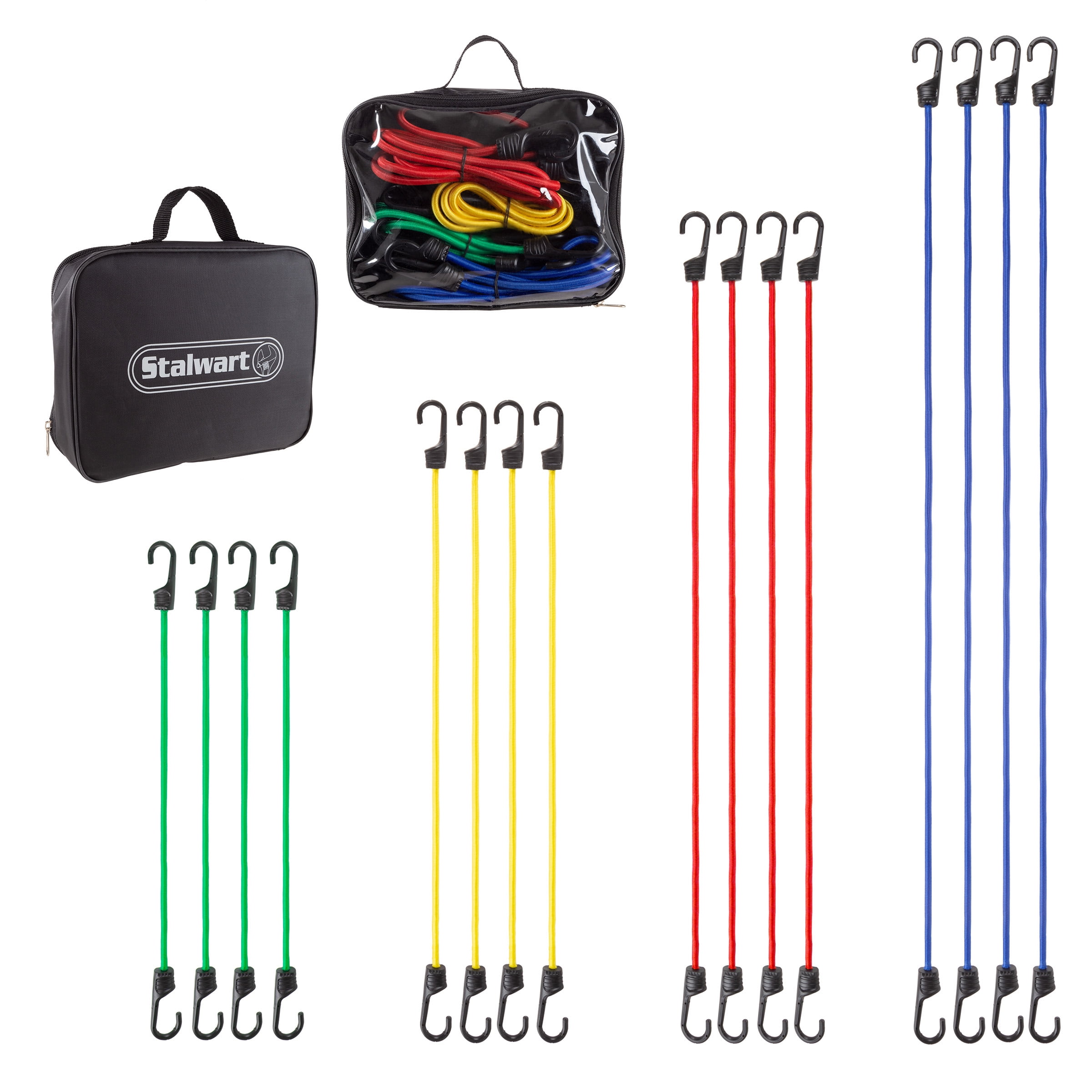 32” 4 pcs Tarp Clips Includes 18” 4 pcs Ball Ties XSTRAP Bungee Cords Assortment Bag 28 Pieces 40” Bungee Cords and 6 pcs Mini Bungees 24” 