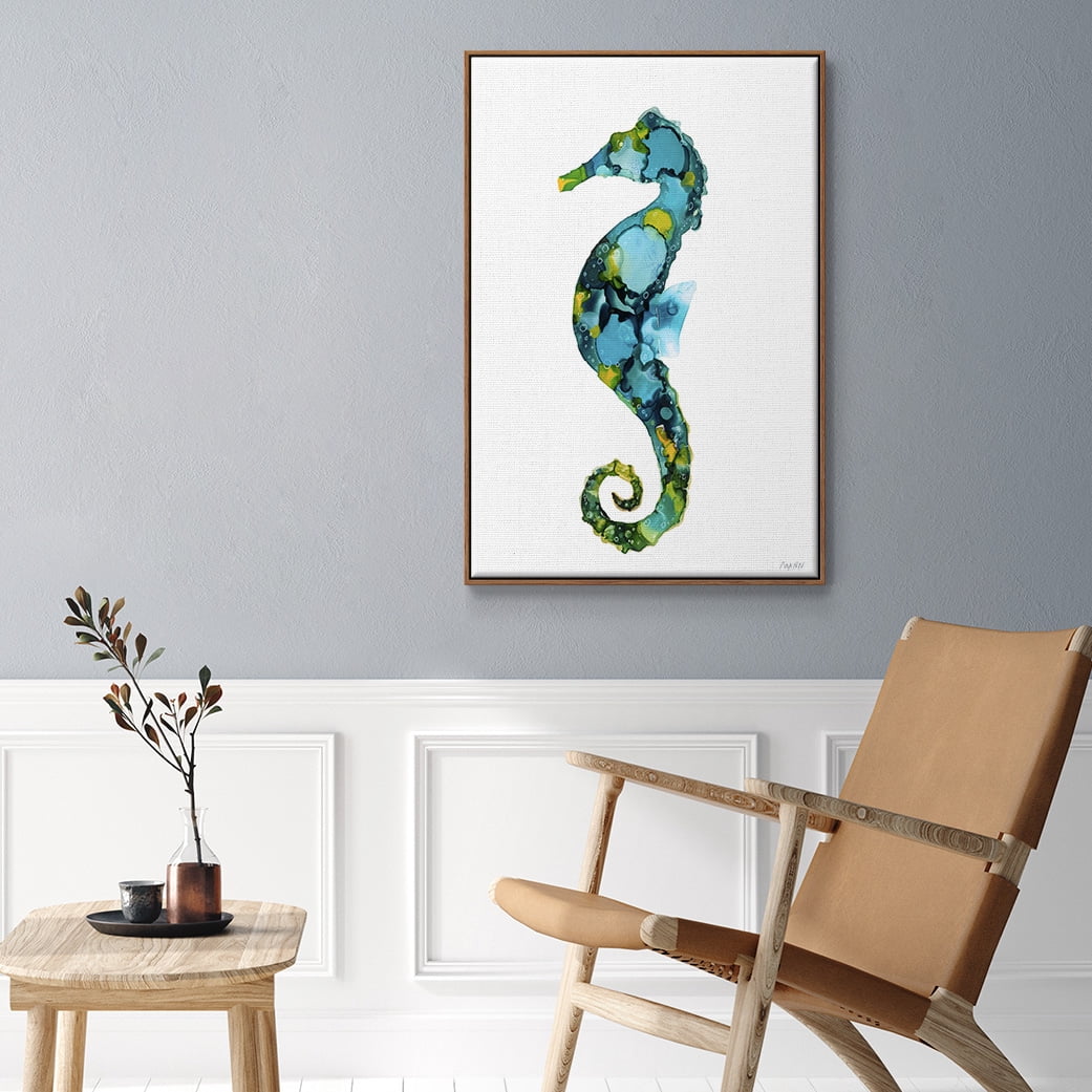 Seahorse Framed Premium Gallery Wrapped Canvas - Ready to Hang - 17 x 25 - Walnut Floating Frame