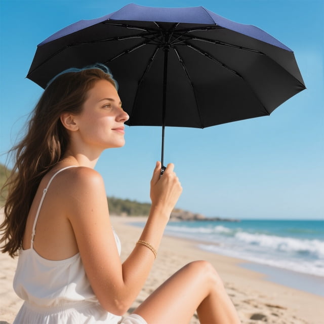 Paraguas plegable automático | Doble capota de 10 costillas resistente al viento | Apertura automática | UPF50+ Protección contra el sol y la lluvia | Grande para dos personas | 105x65cm |