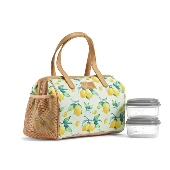 Fit & Fresh Cloverdale Adult Insulated Lunch Bag with Side Pouch & Carry Handles Complete Lunch Kit Includes 2 Containers Lemon Spring