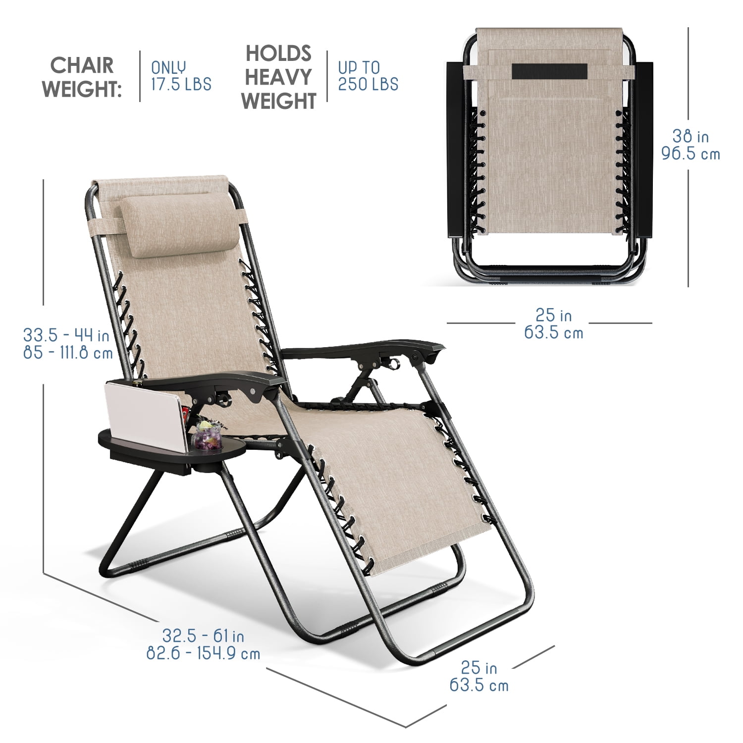 LammaLoe Zero Gravity Chair Set of 4, Outdoor Lounge Chairs with Cup Holder, Beige