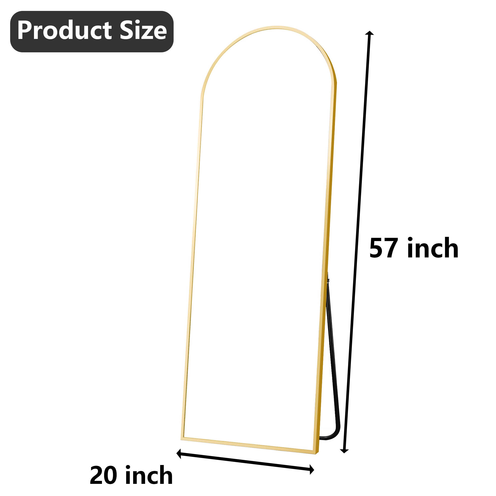 MAYEERTY 57x20in Aluminum Full-Length Mirror, Arch Shape Tempered Glass With Stand, Gold