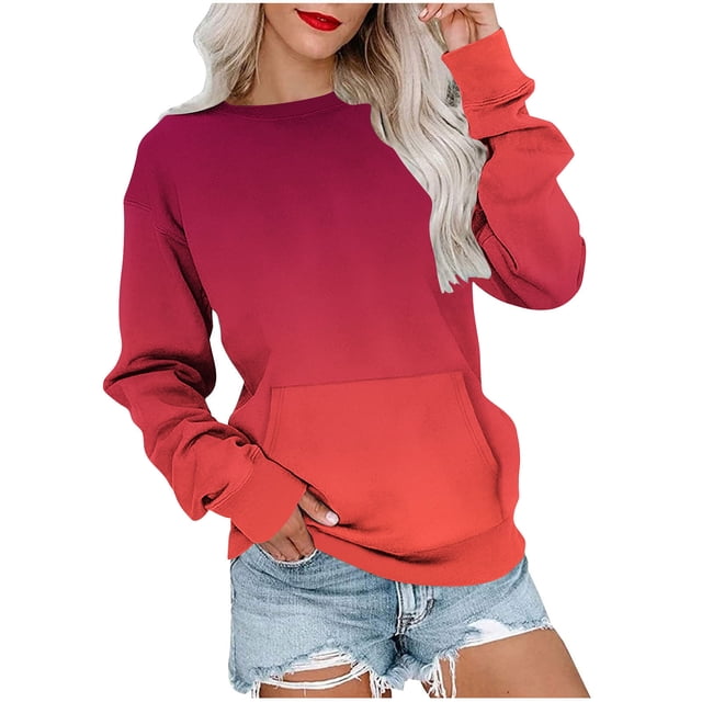 Dagugfen Chemises à Manches Longues pour Femmes Chandail Dégradé Col Rond Ample Vêtements d'Automne Tendance Confortables Chandails en Molleton