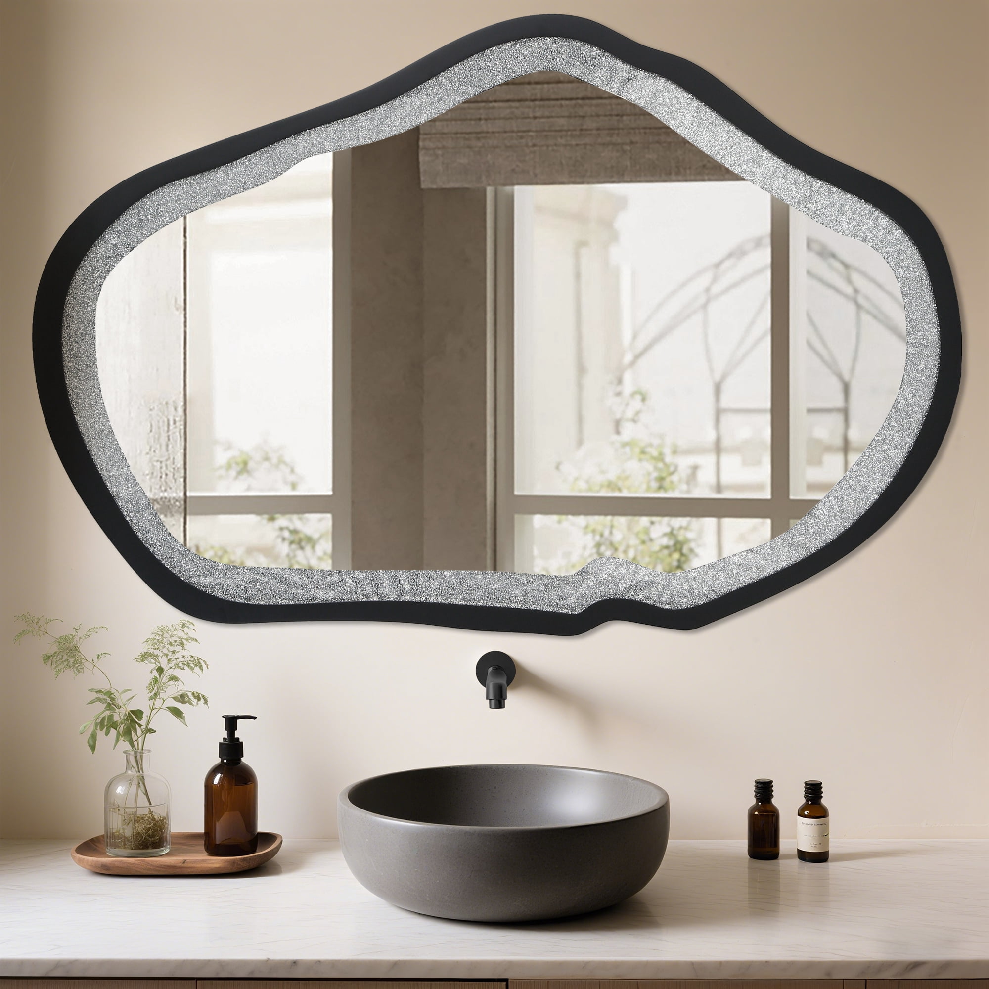 31.9-in W x 47.2-in H Irregular Black and Silver Diamonds Framed Wall Mirror