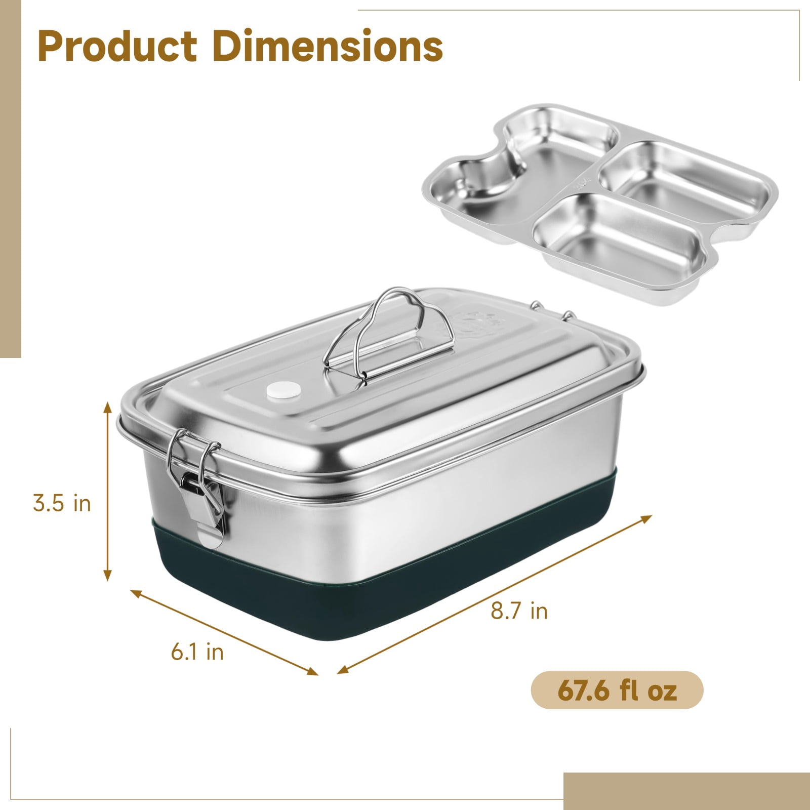 Stainless Steel Bento Box 2L / 67.6 oz 3-Compartment Lunch Container for Youngsters & Adults, Double Layer, Leak-Proof Food Storage with Handle, 8.7 x 6.1 x 3.5 in