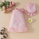 thumbnail image 4 of Vestido sin mangas de cuello redondo hasta la rodilla para niñas de verano, color sólido, cuello alto, estampado floral, lazo de malla, vestido decorativo + sombrero, conjunto de dos piezas, vestido d, 4 of 8
