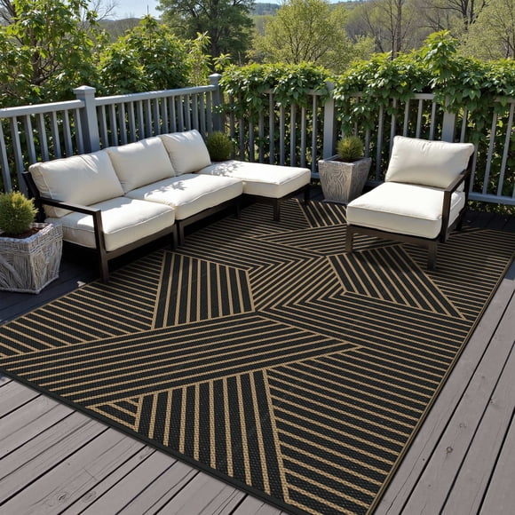 DEORAB Outdoor Rug Reversible 6x9' Patio Rug,Clearance Outside Plastic Waterproof Mat,Fordable Floor Rug for Patio, Camping, RV, Deck, Porch, Balcony, Backyard, black&brown