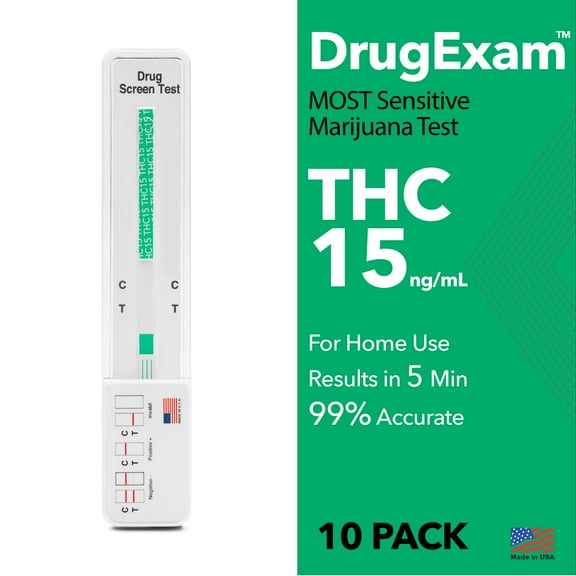 10 Pack - DrugExam Made in USA Most Sensitive Marijuana THC 15 ng/mL Single Panel Drug Test Kit - Marijuana Drug Test with 15 ng/mL Cutoff Level for Detecting Any Form of THC