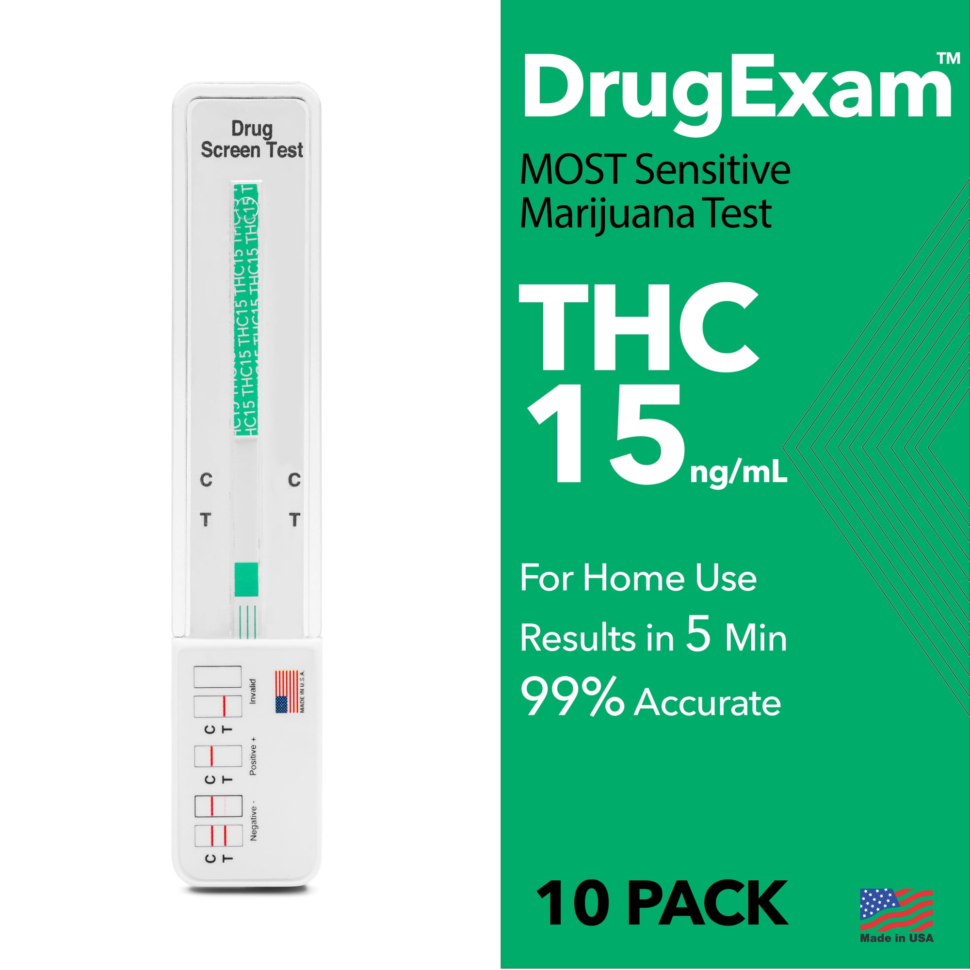 10 Pack - DrugExam Made in USA Most Sensitive Marijuana THC 15 ng/mL Single Panel Drug Test Kit - Marijuana Drug Test with 15 ng/mL Cutoff Level for Detecting Any Form of THC