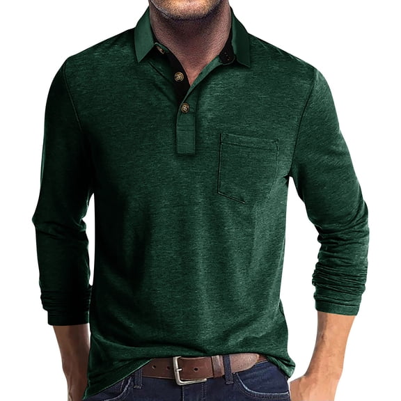 Huresd Mens Fashion Polo Shirts Cotton Classic Long Sleeve Thermal Button Shirt With Pocket Green M