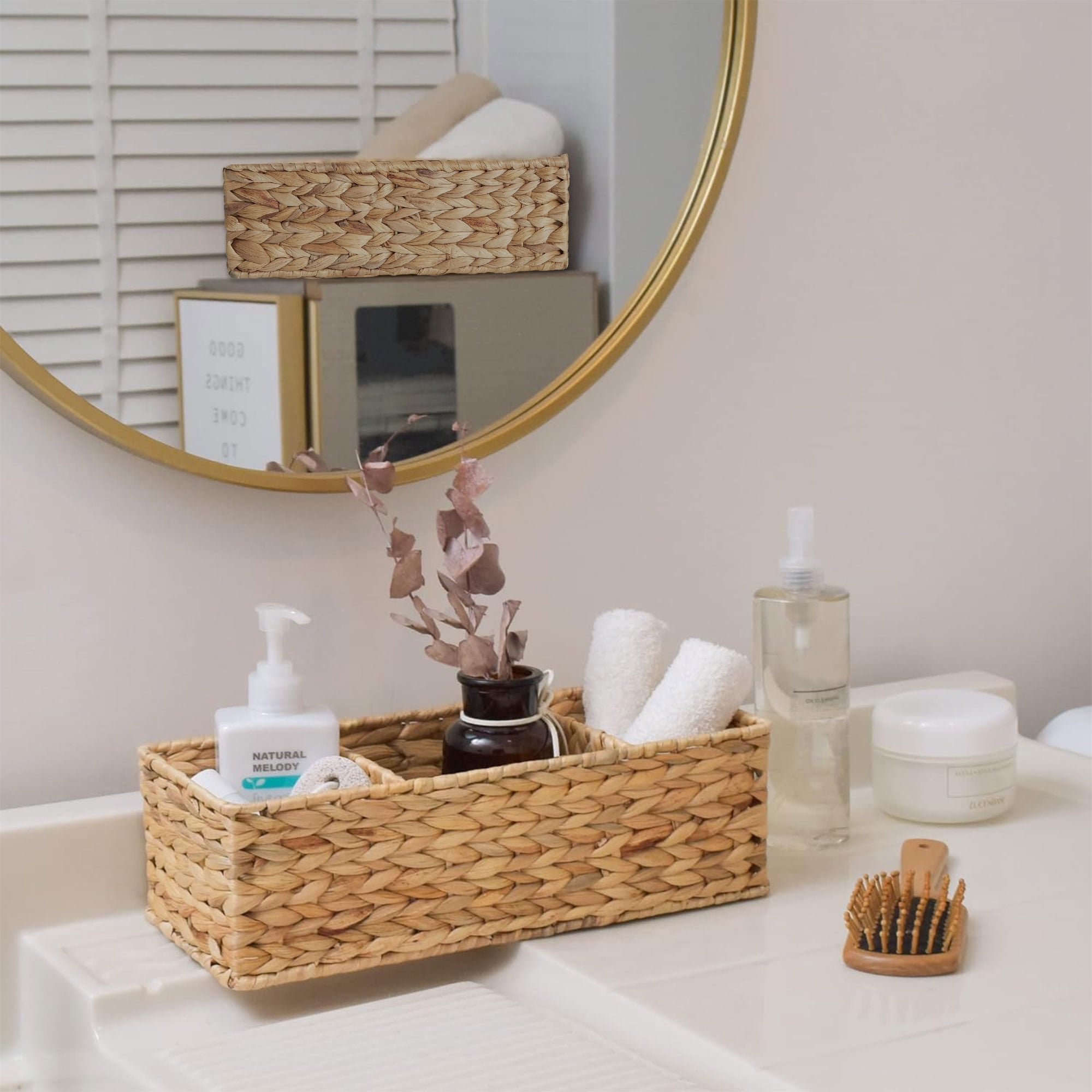 Hengbo 2Pack 3-Compartment Water Hyacinth Hand-Woven Wicker Baskets Home/Toilet Tank Top Storage