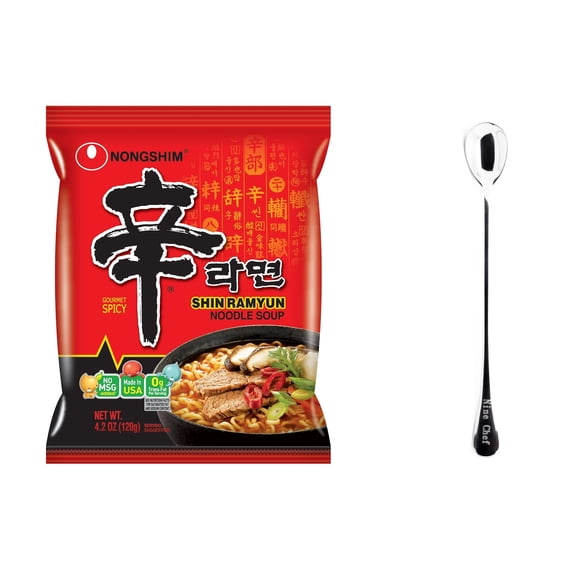 NineChef Set - Nongshim Noodle (16 Pack, Shin Ramyun Noodle Soup , Gourmet Spicy red) plus NineChef Brand Long Handle Spoon