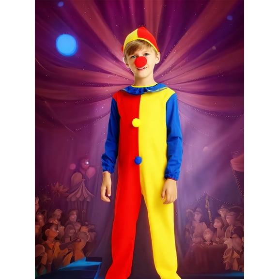 CZKHPTY Kids' Colorful Clown Onesie Costume with Nose & Hat, Fun Party Outfit for Birthday & Holiday Celebrations, Ages 9-10