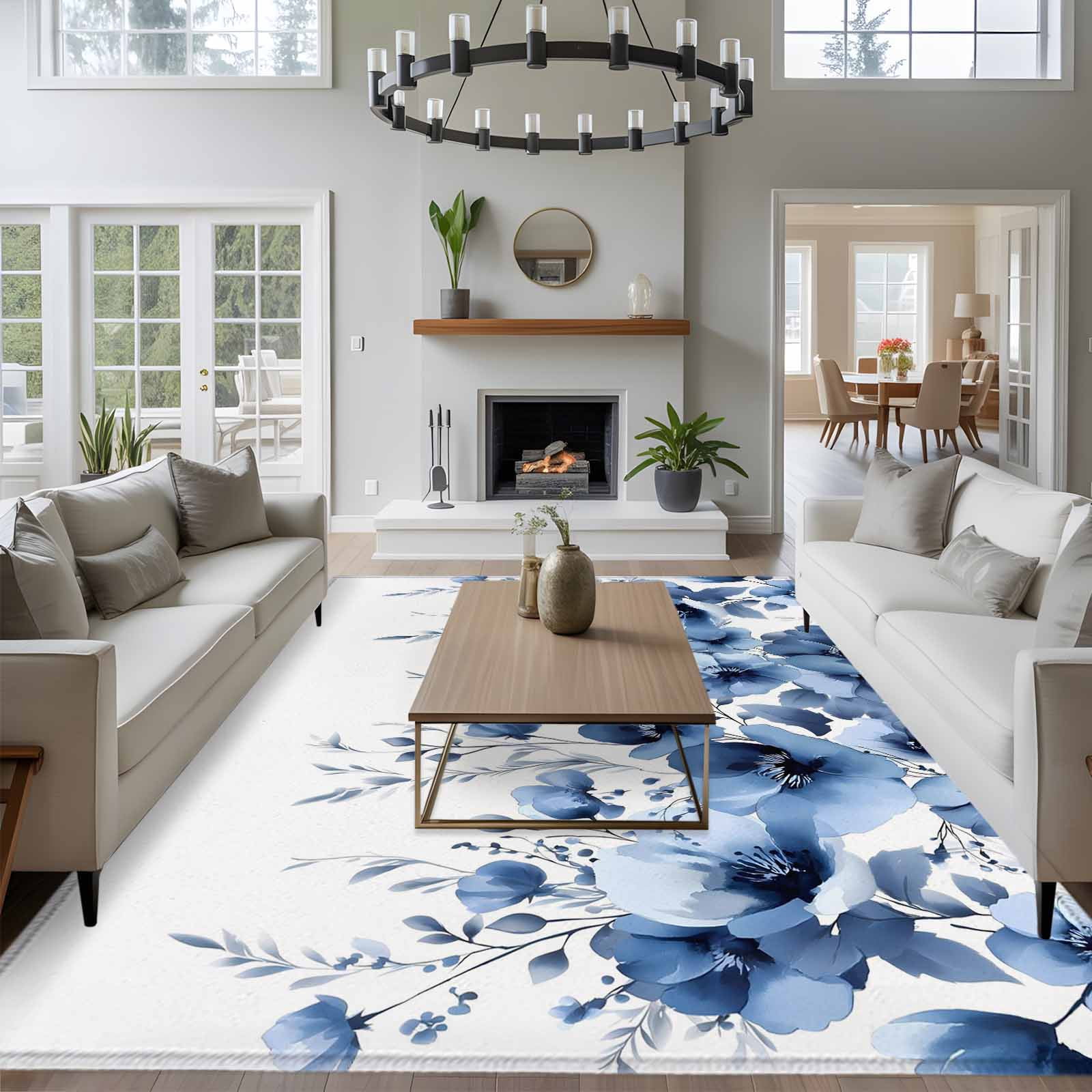 Large Area Rugs for Living Room Bedroom, Blue Blooms Floral 8'x10' Rug Washable Carpet Runner Indoor Outdoor, Farmhouse Spring Flowers Botanical Non Slip Floor Mats Rug for Kitchen, Patio