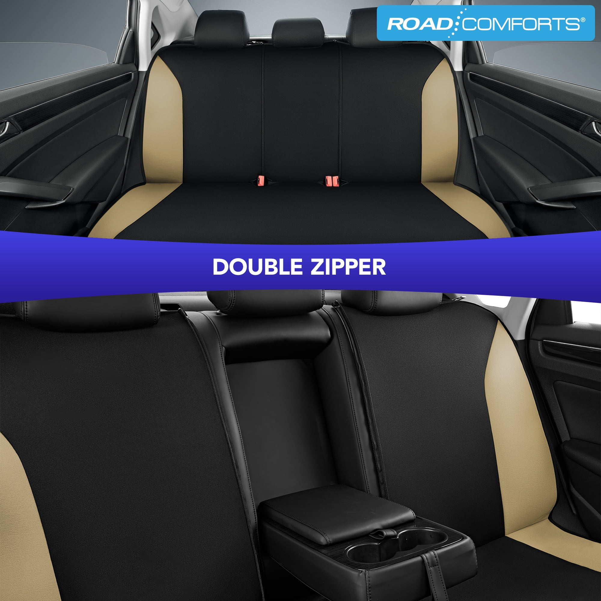 Road Comfort PolyPro Car Seat Covers Full Set – Front and Rear Split Bench, Easy to Install Cover Set, Univesal Fit For Auto Trucks Van SUV - Beige