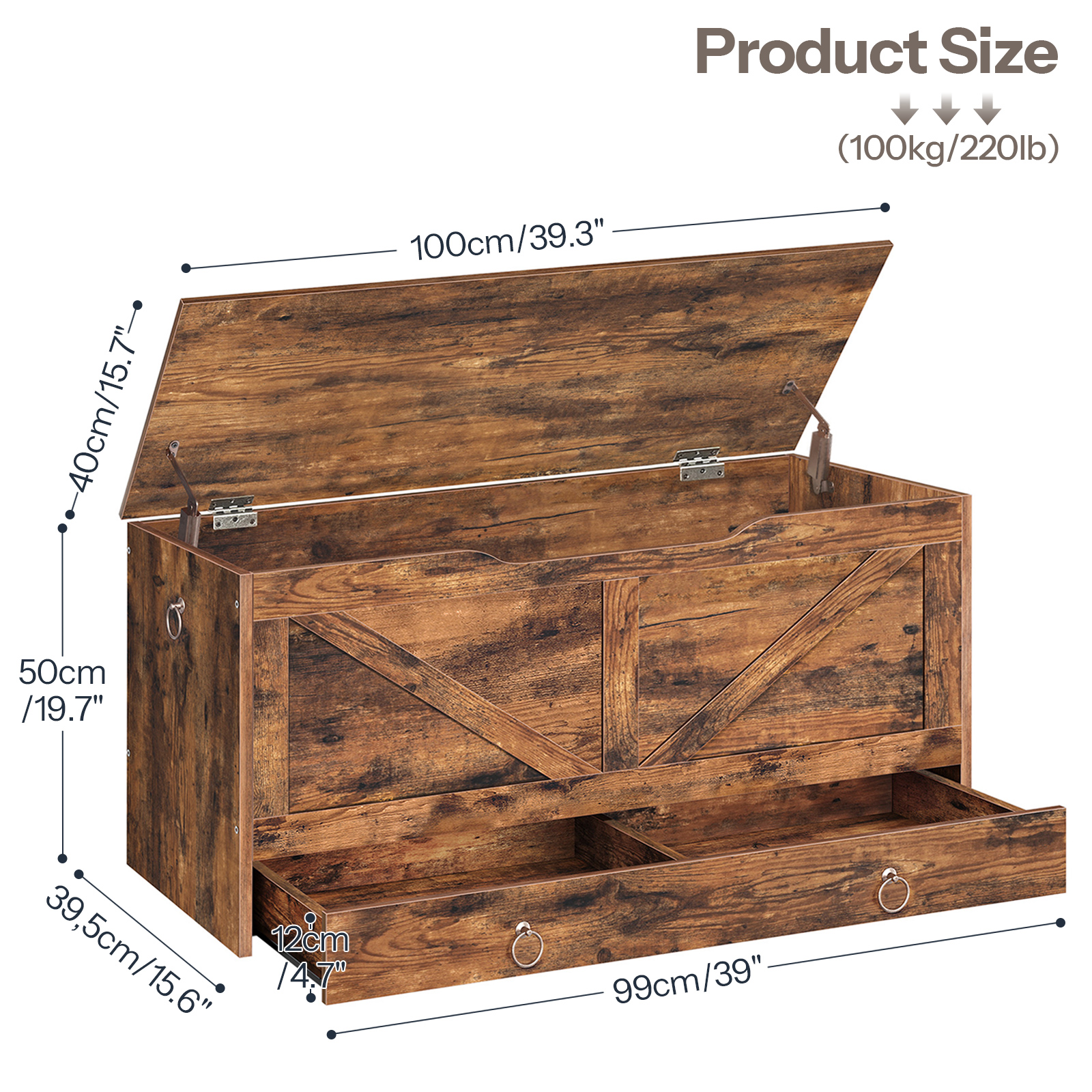 HOOBRO Storage Chest, 39.3" Toy Chest with Drawer, Wooden Storage Bench, Sturdy Entryway Bench Supports 220 lb, Shoe Bench, Safety Hinge, U-Shaped Opening, Easy Assembly, Rustic Brown FG710CW01G1