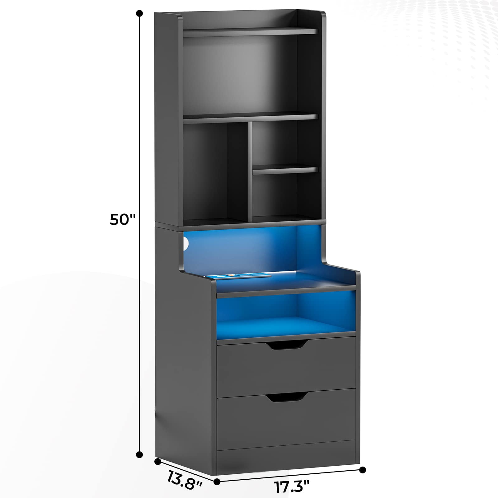 Afuhokles Tall Nightstand with Charging Station and LED Lights, Night Stand with Bookshelf, Bedside Table with Drawers, Black