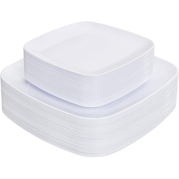 64PCS White Square Plastic Plates Disposable - Heavy Duty Party Plates Include 32 Dinner Plates,32 Dessert Plates for Parties&Weddings