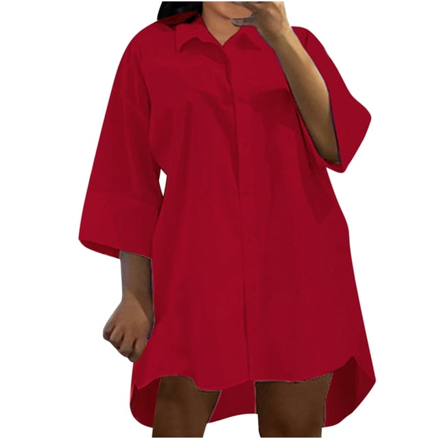 Camisa Con Botones Para Mujer, Manga Tres Cuartos, Cuello Vuelto, Vestido Suelto Informal Liso, Vestidos Odeerbi ODB-6