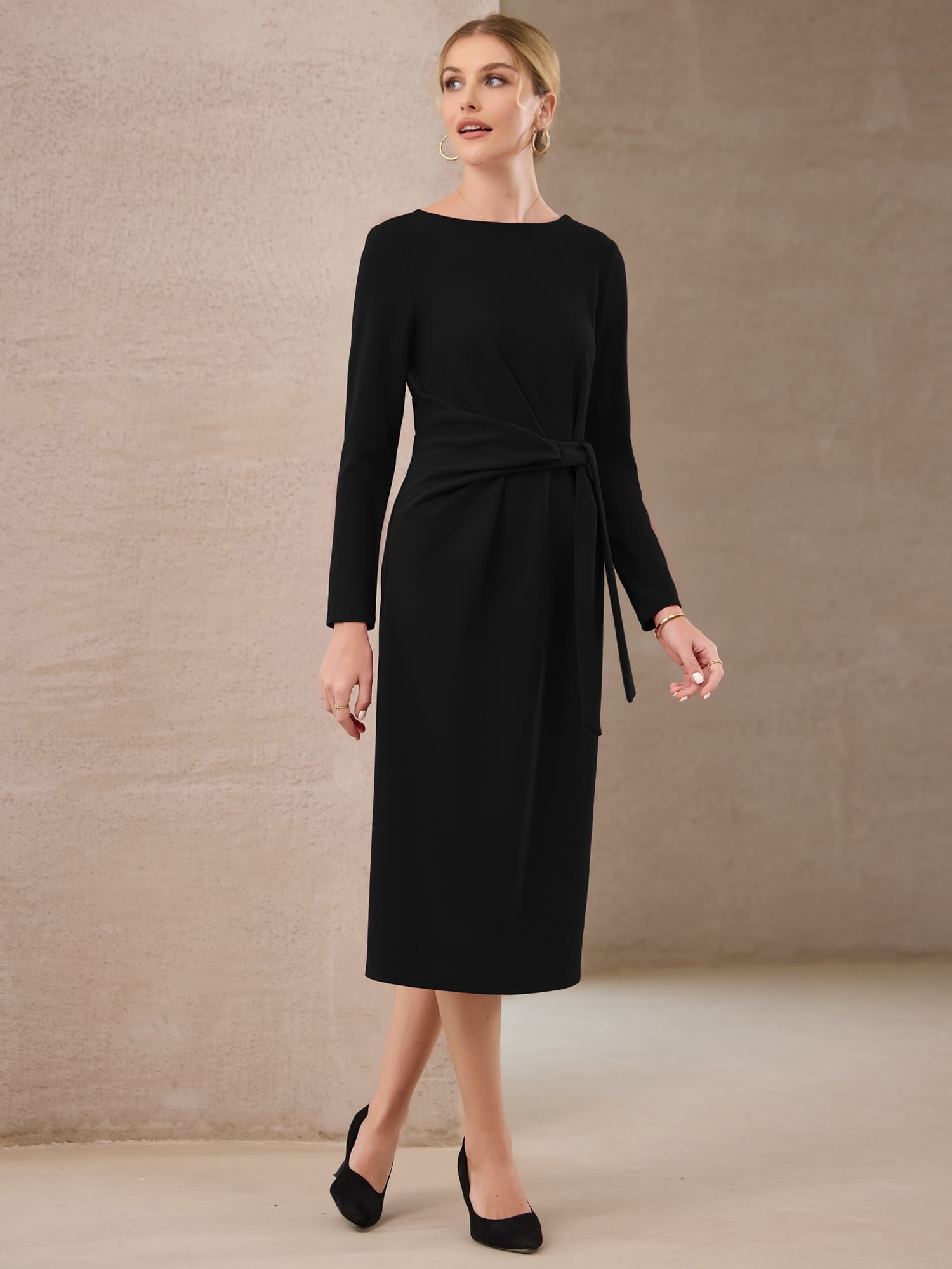 DARING DIVA Women's Knee Length Long Sleeve Tie Waist Work Sheath Dress L Black