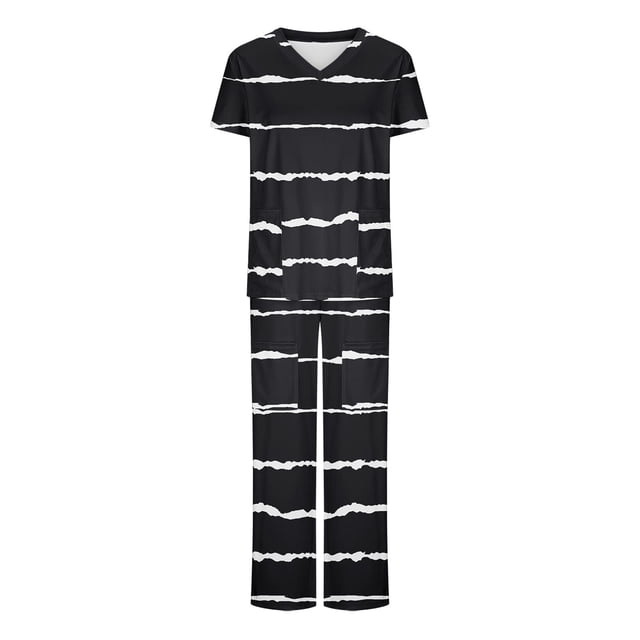 TIMIFIS Scrub for Women Workwear Professionals Scrub Set Medicals Nurse Uniform Jogger Suit Print V-neck Short Sleeved and Long Pants Work Suit with Pockets - Spring/Summer