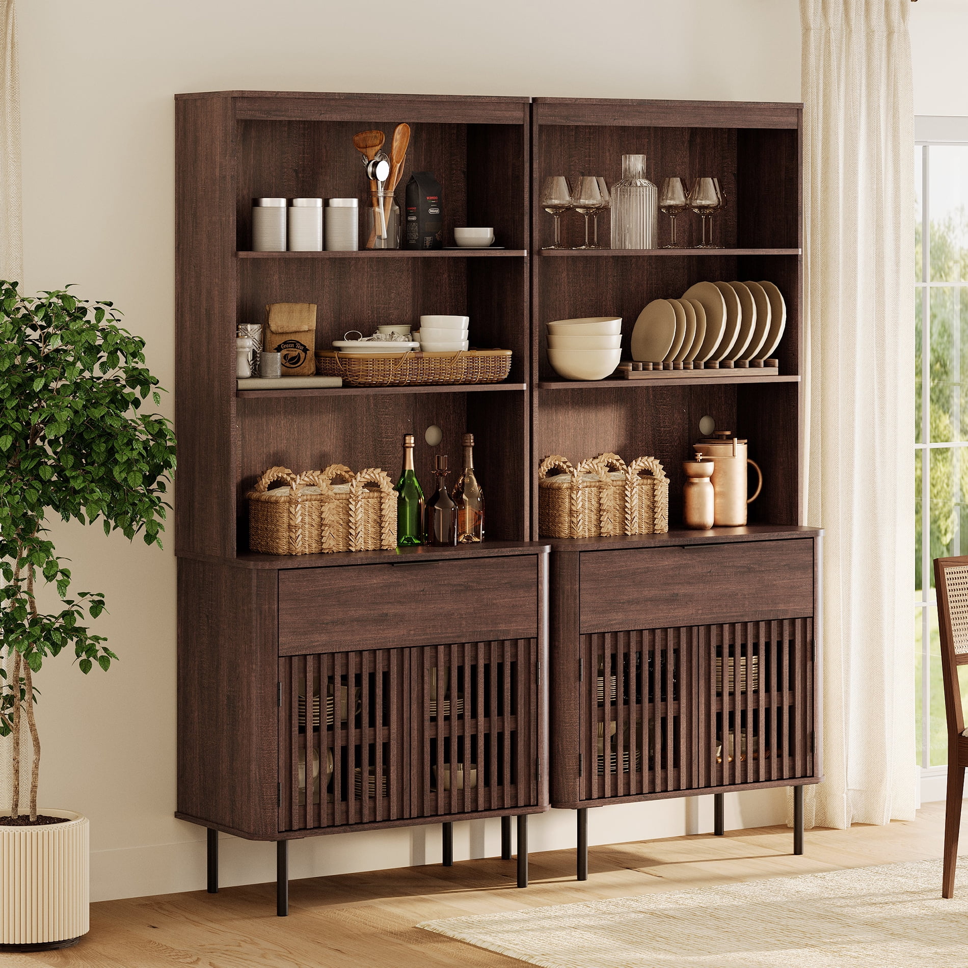 72.8 Inch Tall Bookshelf with Storage Cabinet, 3 Tier Bookcase with Drawer & Adjustable Shelf, Walnut