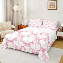 Manfei Dreamy Pink Bowknot Full Size Sheets, Cartoon Stars Print Bed Sheets, Teens Kids Child Sheet Sets, Breathable Home Decor, 4pcs