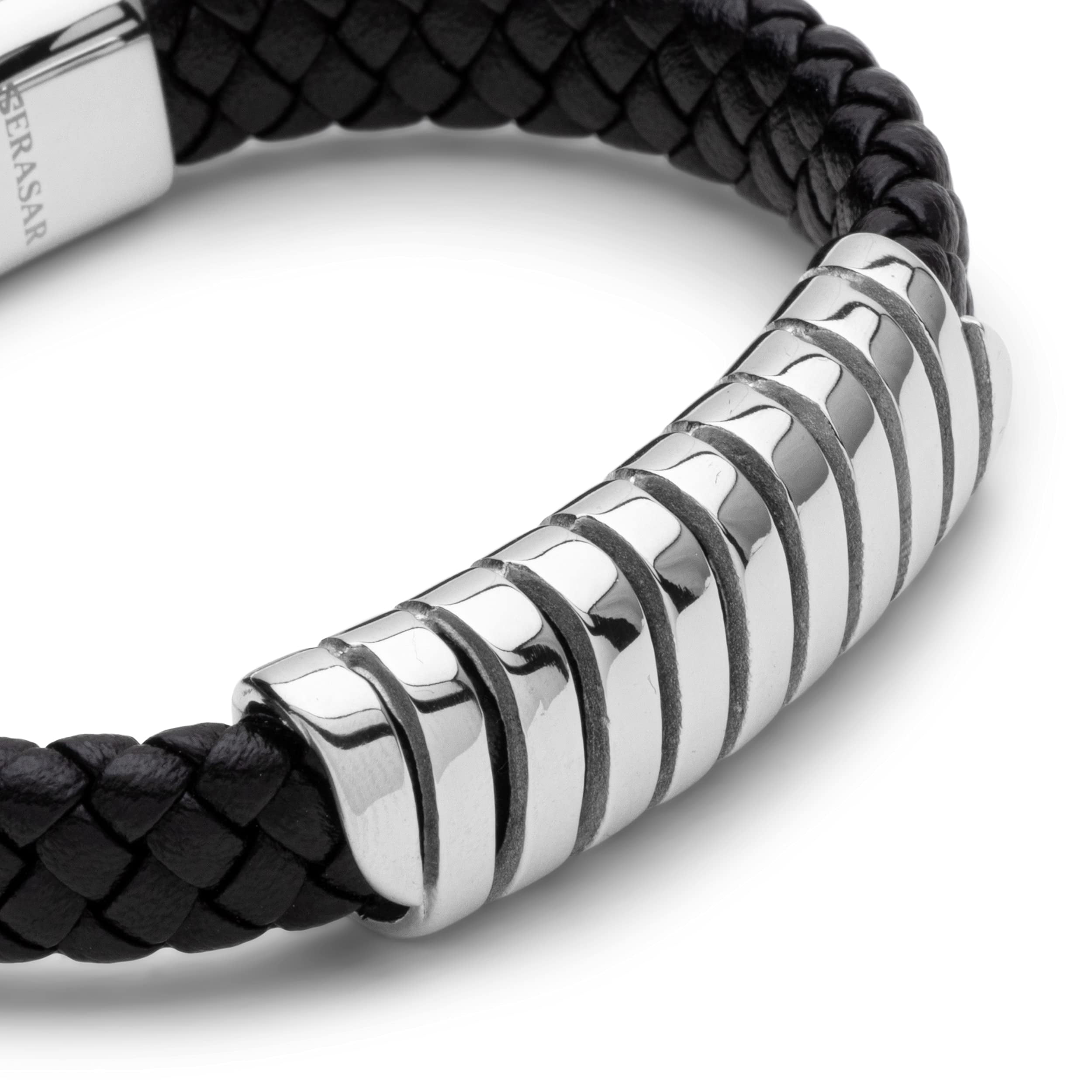 SERASAR Leather Bracelet for Men "Helix" with stainless steel magnetic closure, Silver 20cm, including gift box