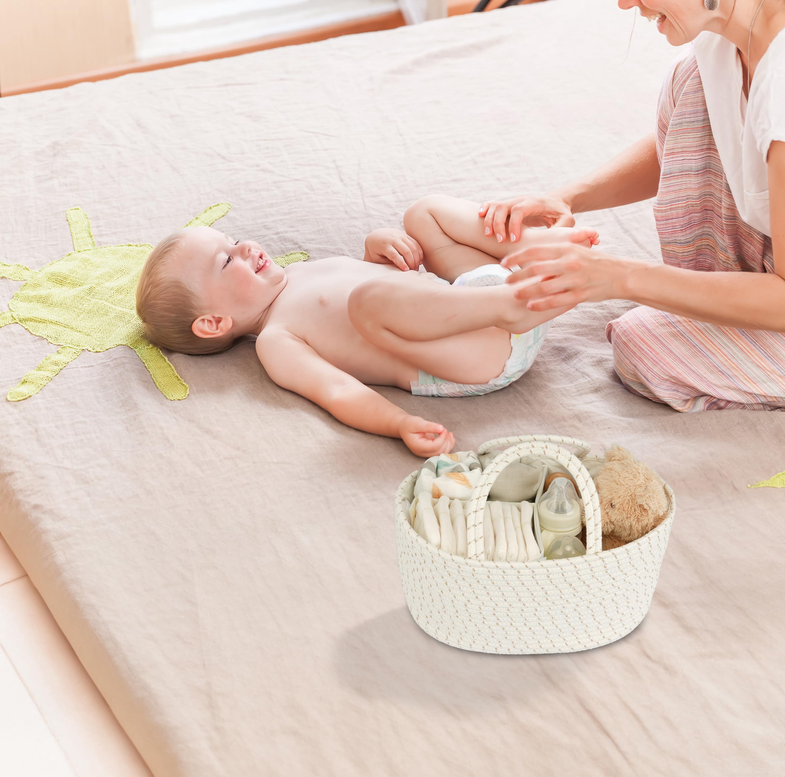 JUNBOLE Diaper Caddy Organizer Cotton Rope Baby Basket Nursery Storage and Portable Tote Bag for Car Ideal Baby Shower Gifts and Registry Must-Have for Newborn Essentials light green