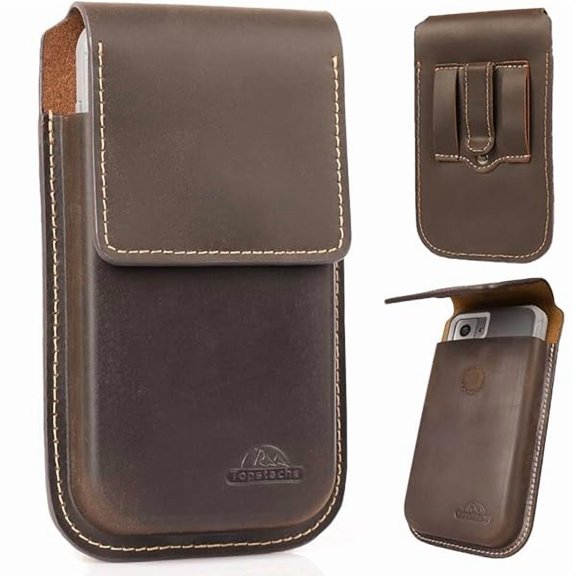 ZLCBTopstache Leather Phone Holster with Belt Clip,Flip Cell Phone Pouch for iPhone 14/13 Pro Max,S23 Plus Belt Clip Phone Case,Universal Smartphone Sheath,XL,Darkbrown