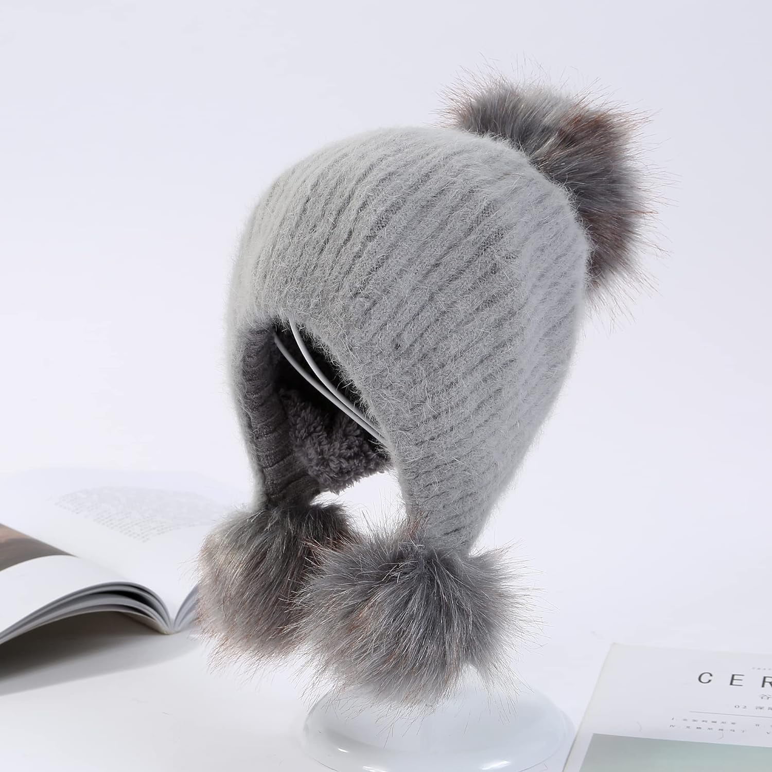 YooGuoGuo Women Winter Beanie Hat Earflap Peruvian Warm Slouchy Fleece Lined 3 Pom Poms Knit Sherpa Fluffy Soft Ski Hats