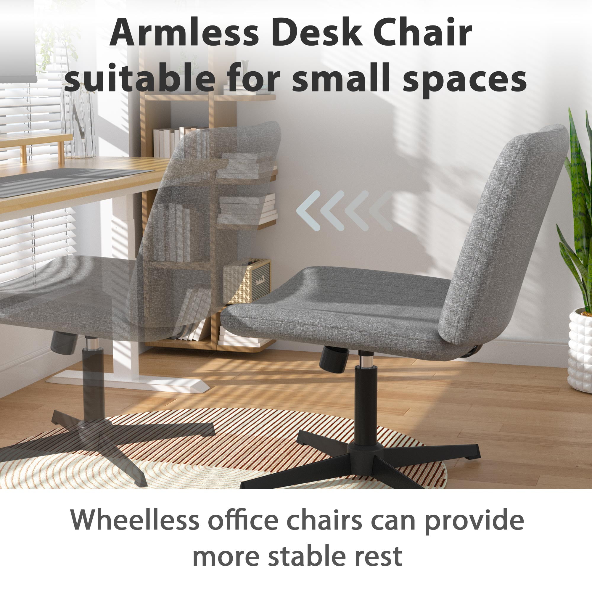 Home Office Chair Armless Criss Cross Legged Chair No Wheels, Wide Comfy Desk Chair Makeup Vanity Chair, Height Adjustable Swivel Fabric Computer Chair Task Chair, Grey