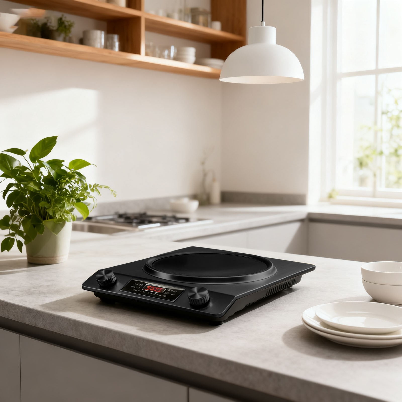 3500W Commercial Induction Cooktop - Portable Multifunctional Design with LCD Display, Knob Control, 10 Temp Settings & Concave Coil for Home/Restaurant/Food Truck,Black