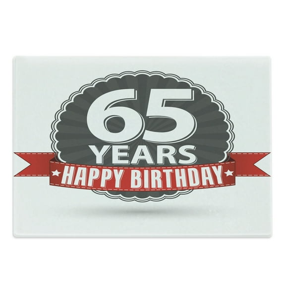 65th Birthday Cutting Board, Classical Vintage Emblem with 65 Years Old Theme Happiness, Decorative Tempered Glass Cutting and Serving Board, Large Size, Red Grey White, by Ambesonne