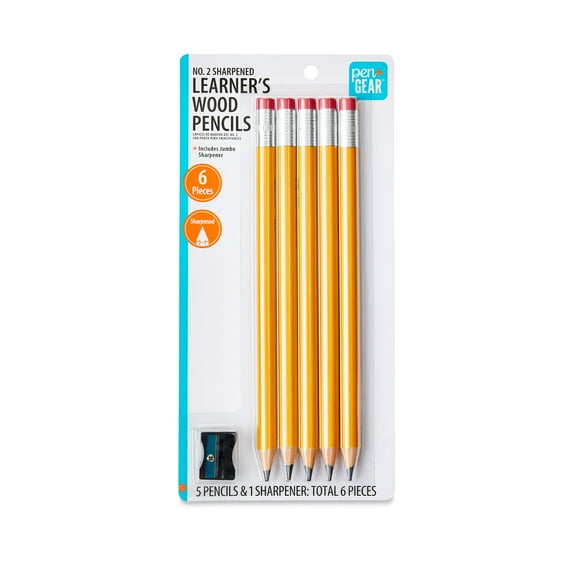 Pen+Gear #2 HB Sharpened Learner Pencils with Jumbo Sharpener, 5 Count – Yellow, Beginner-Friendly