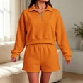 thumbnail image 5 of GZWYHT Sweatshirt and Shorts Set Long Sleeve Short Set Casual Matching Sets for Women Sweater Sets for Women 2 Piece Sets for Women Bride Lounge Set Leisure Wear Sets for Women Work From Orange M, 5 of 6