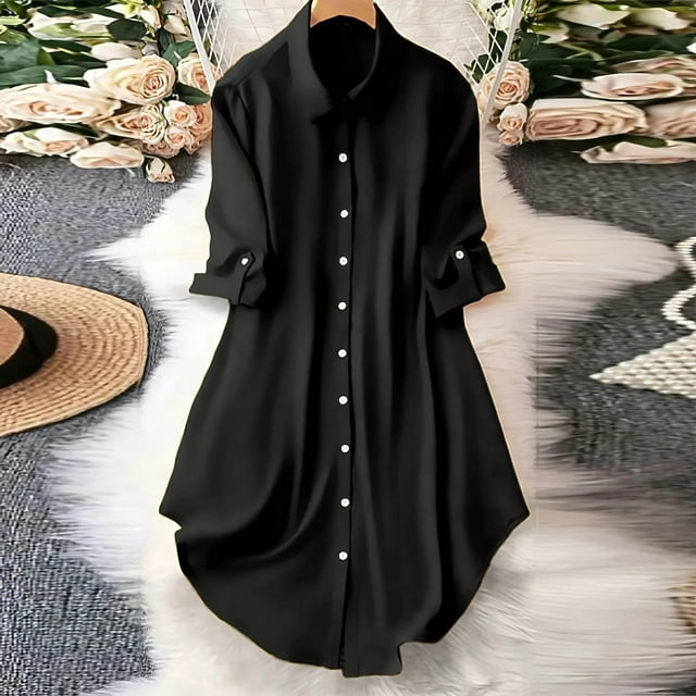 Soki Robe Chemise Boutonnée pour Femmes avec Poches, Col Oversize, Manches Longues, Tunique Asymétrique