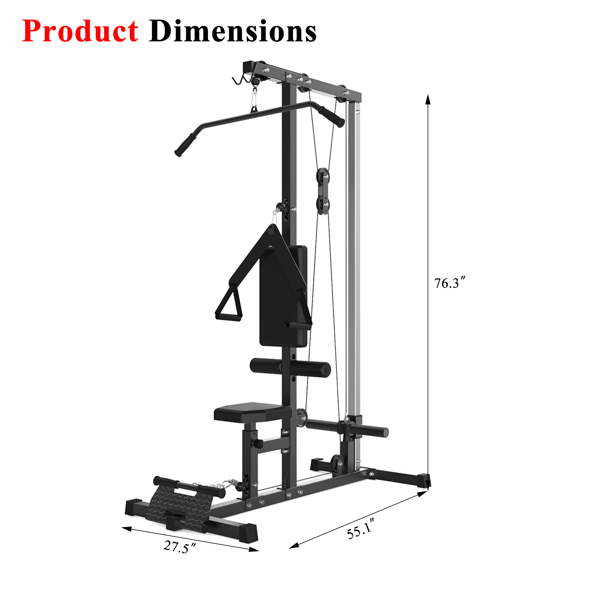 LAT Power Cable Machine, LAT Pull Down Machine with High and Low Pulley Station and Adjustable Leg Support, Back Exercise Equipment for Home Gym Body Strength Training