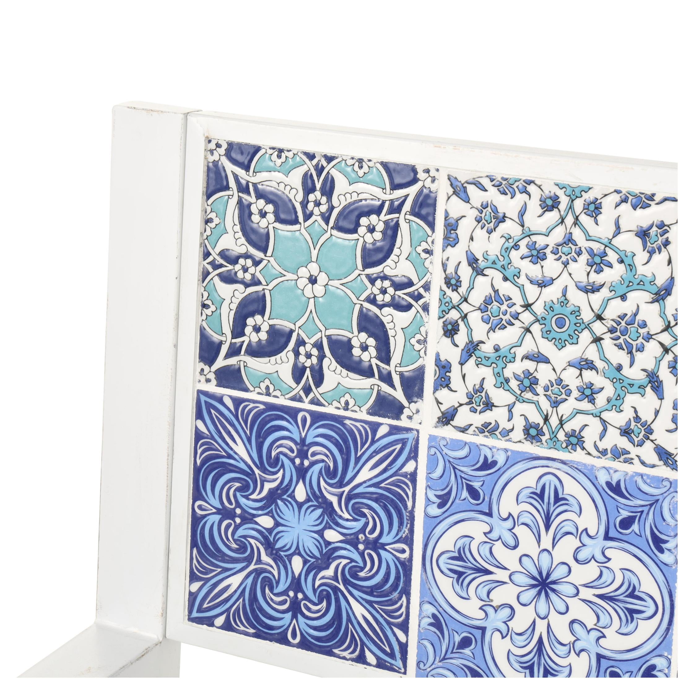 DecMode Metal Floral Scroll Mosaic Outdoor Bench with Blue and Teal Patterns, White