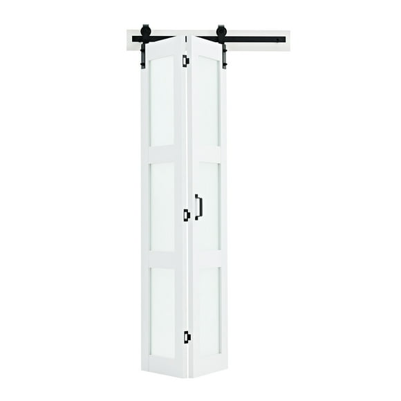 KFFKFF Bifold Barn Door, 36" x 84", Frosted Glass Barn Door with Header Board and Hardware Kit Included, Space-Saving Design, Pre-Assembled Panels, White