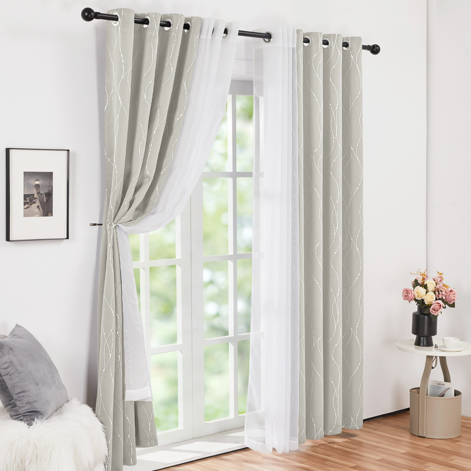Deconovo 4 Pcs Blackout and Sheer Curtains Set for Bedroom, Light Beige/White, 42"x72", Grommet Top