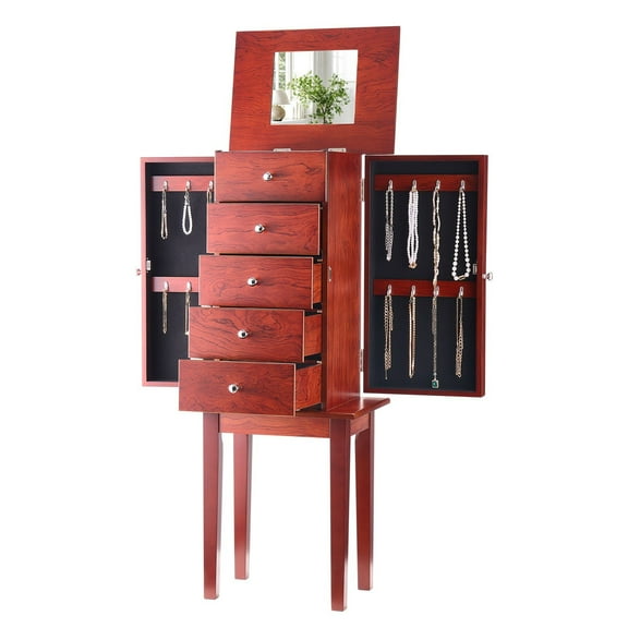 Jewelry Cabinet Armoire Standing Jewelry Storage Chest with 4 Drawers & Flip Mirror, Multi-Compartment Design for Rings, Necklaces, Earrings, Tangle-Free Hooks, Elegant MDF Construction
