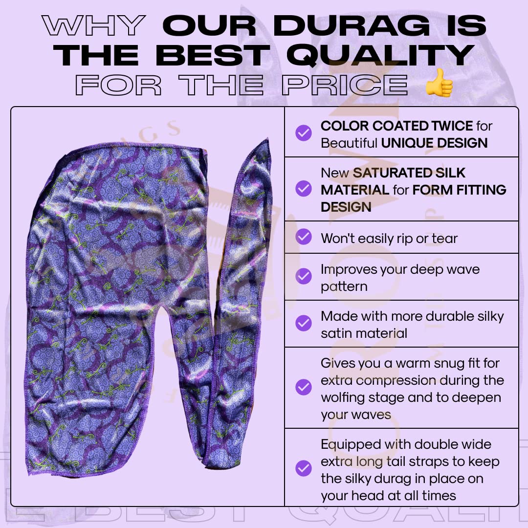 Premium Silky Durag with Long Tails and Quadruple Stitching - Satin Smooth Silk Fabric Durags for Comfort and Compression (Violet Gum OP) - image 2 of 7
