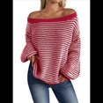 thumbnail image 3 of Suéter de Punto Holgado Informal de Larga con Rayas y Hombros Descubiertos para Mujer (Otoño 2025) Rojo XL, 3 of 7