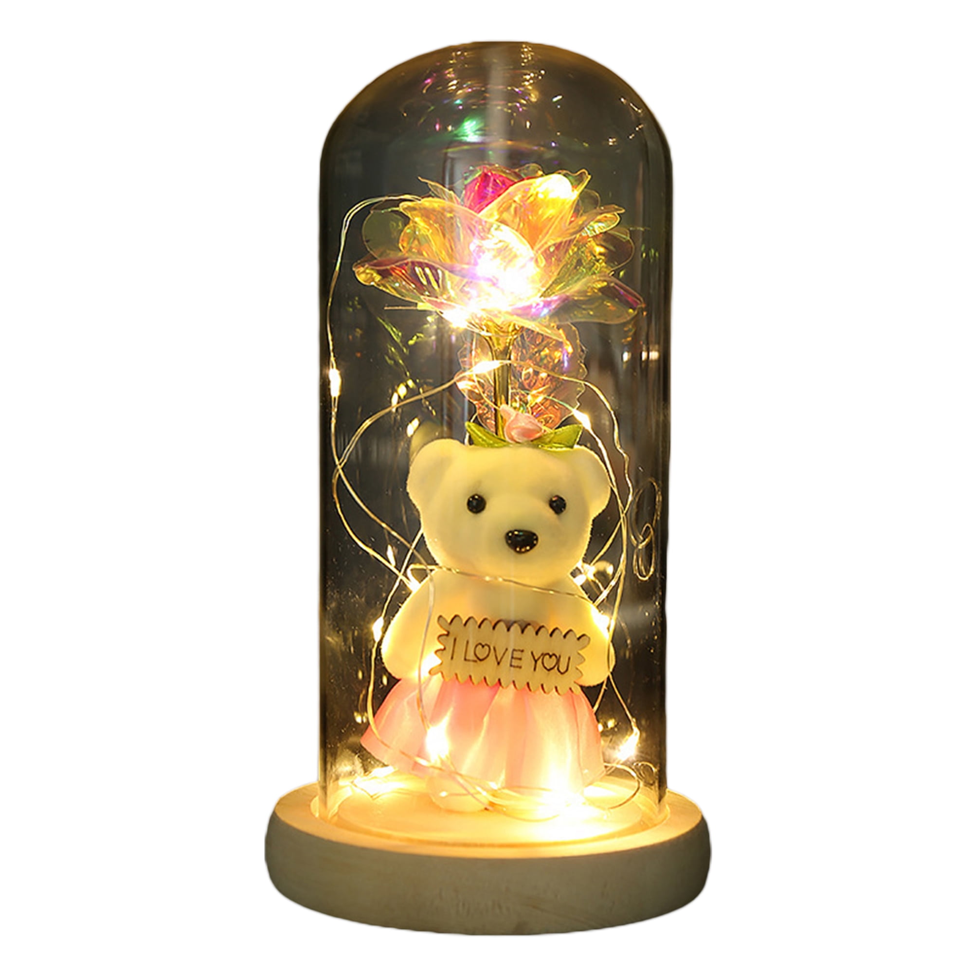 Rose & Bear In Dome Glass LED Night Light Beauty Valentine's Day Xmas Decor Gift 